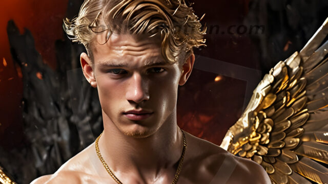 A photograph of a handsome golden male angel. With huge vibrate golden feathered wings, with golden radiant light rays, golden halo lighting, reflecting light in a mesmerizing way. He is stunningly handsome, beautiful, amidst a background of a chaos and destruction.