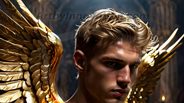 A photograph of a handsome golden male angel. With huge vibrate golden feathered wings, with golden radiant light rays, golden halo lighting, reflecting light in a mesmerizing way. He is stunningly handsome, beautiful, amidst a background of a chaos and destruction.