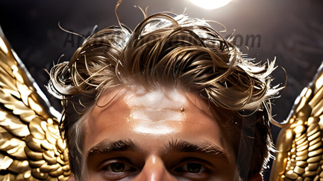 A photograph of a handsome golden male angel. With huge vibrate golden feathered wings, with golden radiant light rays, golden halo lighting, reflecting light in a mesmerizing way. He is stunningly handsome, beautiful, amidst a background of a chaos and destruction.