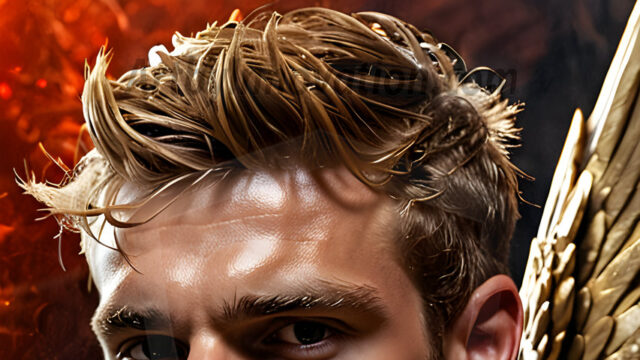 A photograph of a handsome golden male angel. With huge vibrate golden feathered wings, with golden radiant light rays, golden halo lighting, reflecting light in a mesmerizing way. He is stunningly handsome, beautiful, amidst a background of a chaos and destruction.