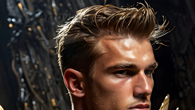 A photograph of a handsome golden male angel. With huge vibrate golden feathered wings, with golden radiant light rays, golden halo lighting, reflecting light in a mesmerizing way. He is stunningly handsome, beautiful, amidst a background of a chaos and destruction.