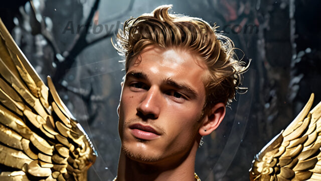 A photograph of a handsome golden male angel. With huge vibrate golden feathered wings, with golden radiant light rays, golden halo lighting, reflecting light in a mesmerizing way. He is stunningly handsome, beautiful, amidst a background of a chaos and destruction.
