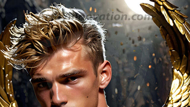 A photograph of a handsome golden male angel. With huge vibrate golden feathered wings, with golden radiant light rays, golden halo lighting, reflecting light in a mesmerizing way. He is stunningly handsome, beautiful, amidst a background of a chaos and destruction.