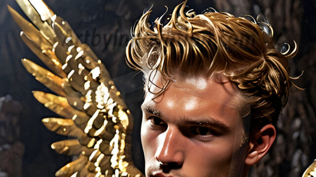A photograph of a handsome golden male angel. With huge vibrate golden feathered wings, with golden radiant light rays, golden halo lighting, reflecting light in a mesmerizing way. He is stunningly handsome, beautiful, amidst a background of a chaos and destruction.