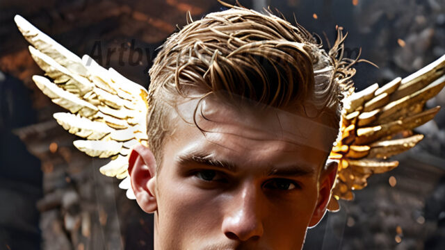 A photograph of a handsome golden male angel. With huge vibrate golden feathered wings, with golden radiant light rays, golden halo lighting, reflecting light in a mesmerizing way. He is stunningly handsome, beautiful, amidst a background of a chaos and destruction.