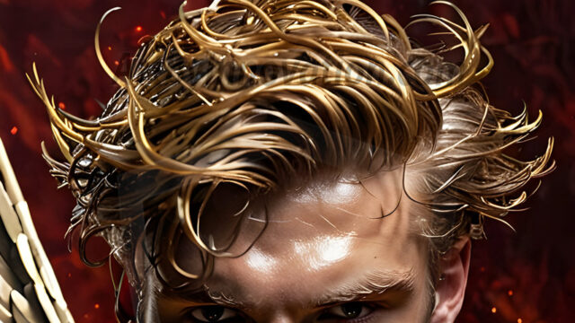 A photograph of a handsome golden male angel. With huge vibrate golden feathered wings, with golden radiant light rays, golden halo lighting, reflecting light in a mesmerizing way. He is stunningly handsome, beautiful, amidst a background of a chaos and destruction.