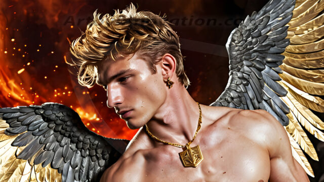 A photograph of a handsome golden male angel. With huge vibrate golden feathered wings, with golden radiant light rays, golden halo lighting, reflecting light in a mesmerizing way. He is stunningly handsome, beautiful, amidst a background of a chaos and destruction.