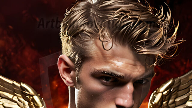 A photograph of a handsome golden male angel. With huge vibrate golden feathered wings, with golden radiant light rays, golden halo lighting, reflecting light in a mesmerizing way. He is stunningly handsome, beautiful, amidst a background of a chaos and destruction.