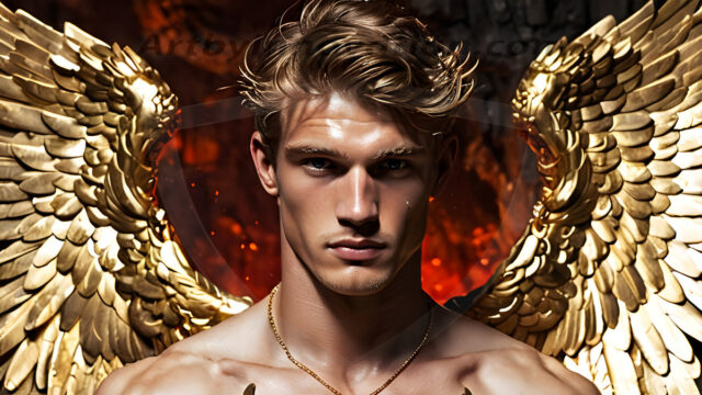 A photograph of a handsome golden male angel. With huge vibrate golden feathered wings, with golden radiant light rays, golden halo lighting, reflecting light in a mesmerizing way. He is stunningly handsome, beautiful, amidst a background of a chaos and destruction.