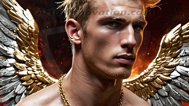 A photograph of a handsome golden male angel. With huge vibrate golden feathered wings, with golden radiant light rays, golden halo lighting, reflecting light in a mesmerizing way. He is stunningly handsome, beautiful, amidst a background of a chaos and destruction.