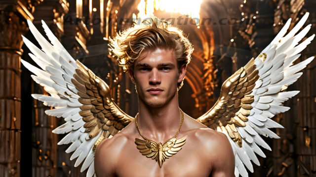 A photograph of a handsome golden male angel. With huge vibrate golden feathered wings, with golden radiant light rays, golden halo lighting, reflecting light in a mesmerizing way. He is stunningly handsome, beautiful, amidst a background of a chaos and destruction.