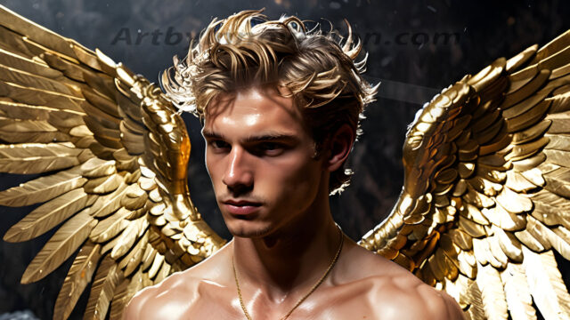 A photograph of a handsome golden male angel. With huge vibrate golden feathered wings, with golden radiant light rays, golden halo lighting, reflecting light in a mesmerizing way. He is stunningly handsome, beautiful, amidst a background of a chaos and destruction.