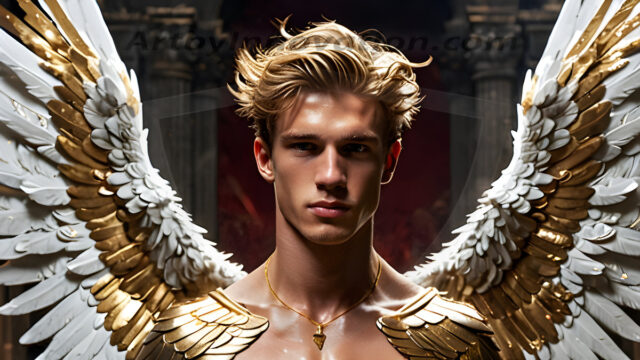 A photograph of a handsome golden male angel. With huge vibrate golden feathered wings, with golden radiant light rays, golden halo lighting, reflecting light in a mesmerizing way. He is stunningly handsome, beautiful, amidst a background of a chaos and destruction.