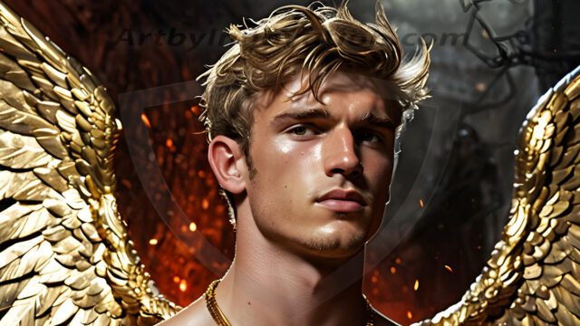 A photograph of a handsome golden male angel. With huge vibrate golden feathered wings, with golden radiant light rays, golden halo lighting, reflecting light in a mesmerizing way. He is stunningly handsome, beautiful, amidst a background of a chaos and destruction.