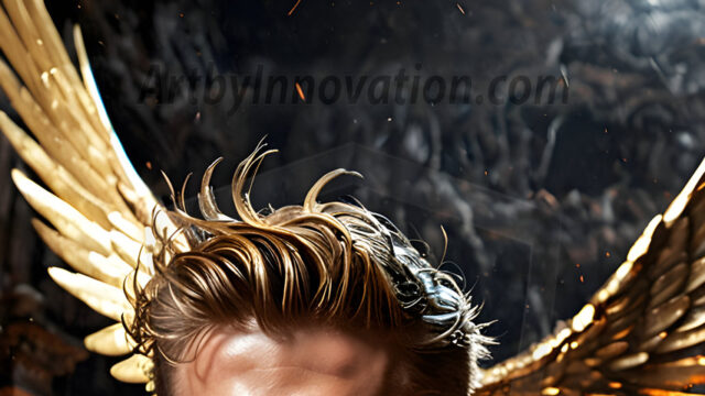 A photograph of a handsome golden male angel. With huge vibrate golden feathered wings, with golden radiant light rays, golden halo lighting, reflecting light in a mesmerizing way. He is stunningly handsome, beautiful, amidst a background of a chaos and destruction.