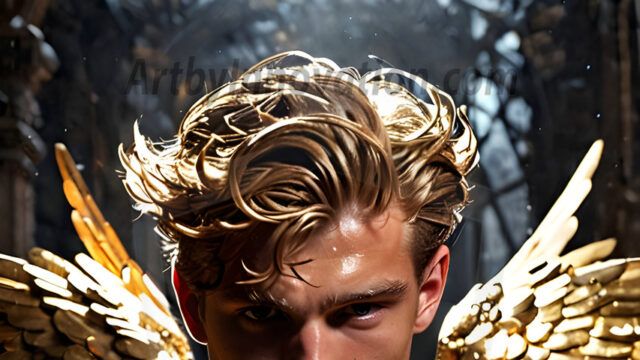 A photograph of a handsome golden male angel. With huge vibrate golden feathered wings, with golden radiant light rays, golden halo lighting, reflecting light in a mesmerizing way. He is stunningly handsome, beautiful, amidst a background of a chaos and destruction.
