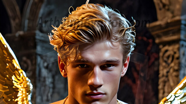 A photograph of a handsome golden male angel. With huge vibrate golden feathered wings, with golden radiant light rays, golden halo lighting, reflecting light in a mesmerizing way. He is stunningly handsome, beautiful, amidst a background of a chaos and destruction.