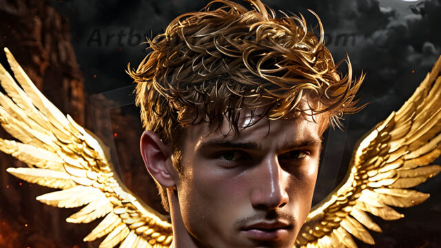 A photograph of a handsome golden male angel. With huge vibrate golden feathered wings, with golden radiant light rays, golden halo lighting, reflecting light in a mesmerizing way. He is stunningly handsome, beautiful, amidst a background of a chaos and destruction.