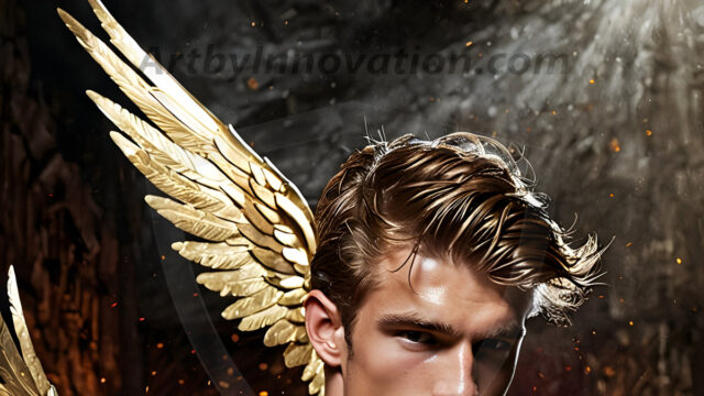 A photograph of a handsome golden male angel. With huge vibrate golden feathered wings, with golden radiant light rays, golden halo lighting, reflecting light in a mesmerizing way. He is stunningly handsome, beautiful, amidst a background of a chaos and destruction.