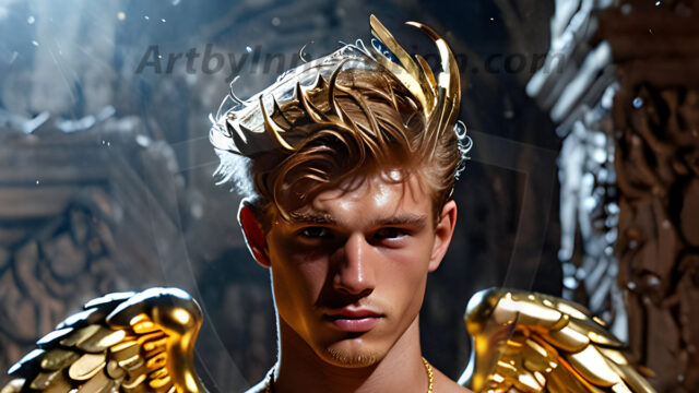 A photograph of a handsome golden male angel. With huge vibrate golden feathered wings, with golden radiant light rays, golden halo lighting, reflecting light in a mesmerizing way. He is stunningly handsome, beautiful, amidst a background of a chaos and destruction.