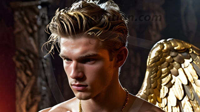 A photograph of a handsome golden male angel. With huge vibrate golden feathered wings, with golden radiant light rays, golden halo lighting, reflecting light in a mesmerizing way. He is stunningly handsome, beautiful, amidst a background of a chaos and destruction.