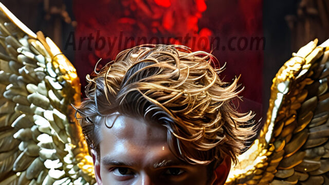 A photograph of a handsome golden male angel. With huge vibrate golden feathered wings, with golden radiant light rays, golden halo lighting, reflecting light in a mesmerizing way. He is stunningly handsome, beautiful, amidst a background of a chaos and destruction.