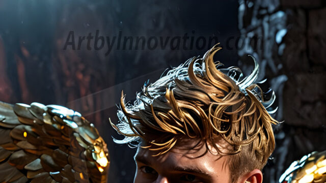 A photograph of a handsome golden male angel. With huge vibrate golden feathered wings, with golden radiant light rays, golden halo lighting, reflecting light in a mesmerizing way. He is stunningly handsome, beautiful, amidst a background of a chaos and destruction.