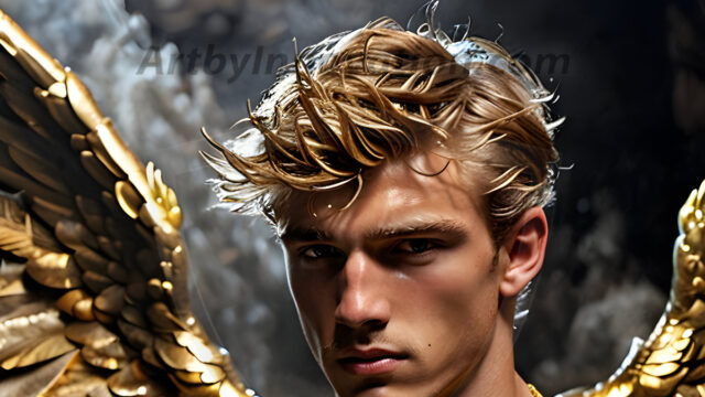 A photograph of a handsome golden male angel. With huge vibrate golden feathered wings, with golden radiant light rays, golden halo lighting, reflecting light in a mesmerizing way. He is stunningly handsome, beautiful, amidst a background of a chaos and destruction.