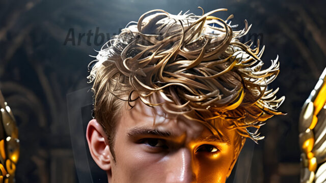 A photograph of a handsome golden male angel. With huge vibrate golden feathered wings, with golden radiant light rays, golden halo lighting, reflecting light in a mesmerizing way. He is stunningly handsome, beautiful, amidst a background of a chaos and destruction.