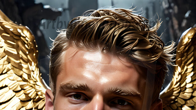 A photograph of a handsome golden male angel. With huge vibrate golden feathered wings, with golden radiant light rays, golden halo lighting, reflecting light in a mesmerizing way. He is stunningly handsome, beautiful, amidst a background of a chaos and destruction.