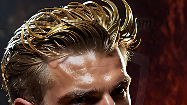 A photograph of a handsome golden male angel. With huge vibrate golden feathered wings, with golden radiant light rays, golden halo lighting, reflecting light in a mesmerizing way. He is stunningly handsome, beautiful, amidst a background of a chaos and destruction.