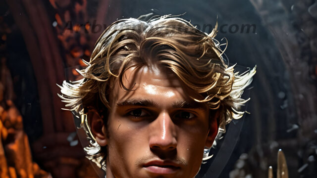 A photograph of a handsome golden male angel. With huge vibrate golden feathered wings, with golden radiant light rays, golden halo lighting, reflecting light in a mesmerizing way. He is stunningly handsome, beautiful, amidst a background of a chaos and destruction.