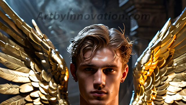 A photograph of a handsome golden male angel. With huge vibrate golden feathered wings, with golden radiant light rays, golden halo lighting, reflecting light in a mesmerizing way. He is stunningly handsome, beautiful, amidst a background of a chaos and destruction.