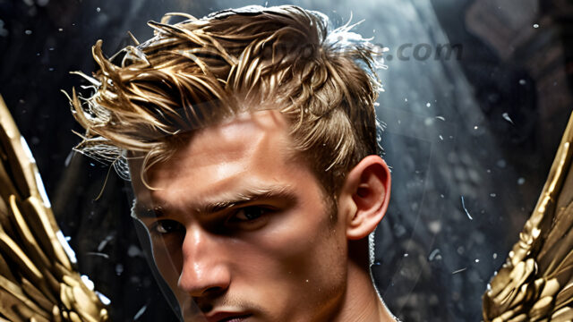 A photograph of a handsome golden male angel. With huge vibrate golden feathered wings, with golden radiant light rays, golden halo lighting, reflecting light in a mesmerizing way. He is stunningly handsome, beautiful, amidst a background of a chaos and destruction.