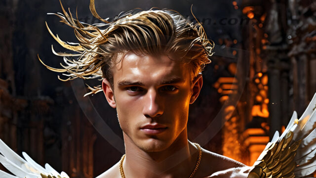 A photograph of a handsome golden male angel. With huge vibrate golden feathered wings, with golden radiant light rays, golden halo lighting, reflecting light in a mesmerizing way. He is stunningly handsome, beautiful, amidst a background of a chaos and destruction.