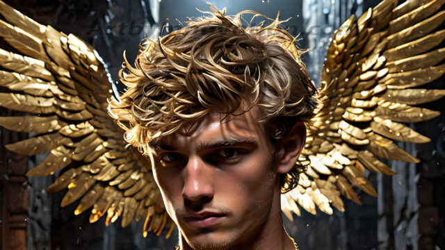 A photograph of a handsome golden male angel. With huge vibrate golden feathered wings, with golden radiant light rays, golden halo lighting, reflecting light in a mesmerizing way. He is stunningly handsome, beautiful, amidst a background of a chaos and destruction.