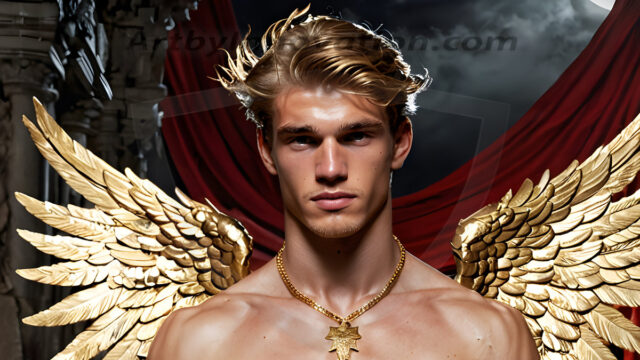 A photograph of a handsome golden male angel. With huge vibrate golden feathered wings, with golden radiant light rays, golden halo lighting, reflecting light in a mesmerizing way. He is stunningly handsome, beautiful, amidst a background of a chaos and destruction.