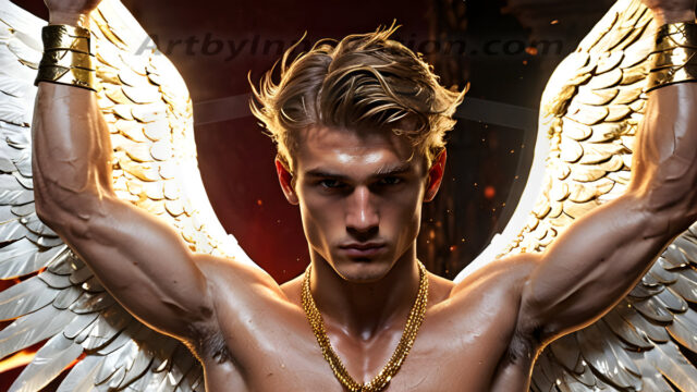 A photograph of a handsome golden male angel. With huge vibrate golden feathered wings, with golden radiant light rays, golden halo lighting, reflecting light in a mesmerizing way. He is stunningly handsome, beautiful, amidst a background of a chaos and destruction.