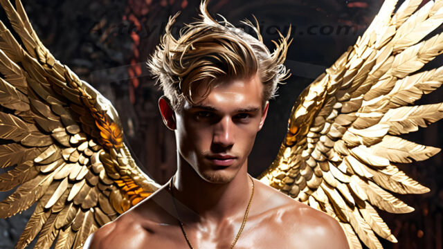 A photograph of a handsome golden male angel. With huge vibrate golden feathered wings, with golden radiant light rays, golden halo lighting, reflecting light in a mesmerizing way. He is stunningly handsome, beautiful, amidst a background of a chaos and destruction.