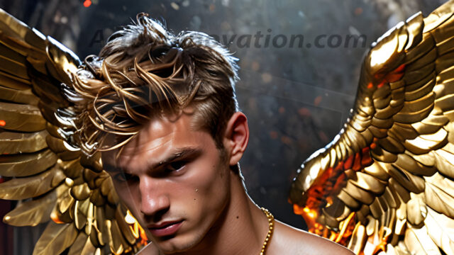 A photograph of a handsome golden male angel. With huge vibrate golden feathered wings, with golden radiant light rays, golden halo lighting, reflecting light in a mesmerizing way. He is stunningly handsome, beautiful, amidst a background of a chaos and destruction.