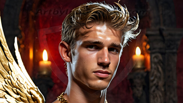 A photograph of a handsome golden male angel. With huge vibrate golden feathered wings, with golden radiant light rays, golden halo lighting, reflecting light in a mesmerizing way. He is stunningly handsome, beautiful, amidst a background of a chaos and destruction.