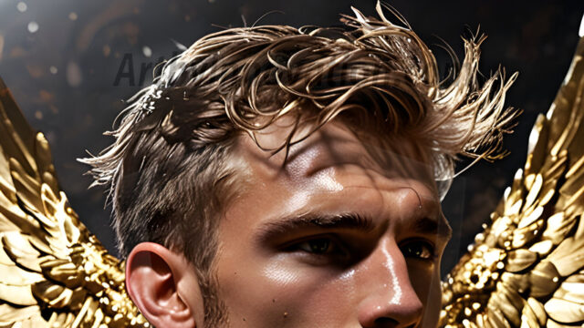 A photograph of a handsome golden male angel. With huge vibrate golden feathered wings, with golden radiant light rays, golden halo lighting, reflecting light in a mesmerizing way. He is stunningly handsome, beautiful, amidst a background of a chaos and destruction.