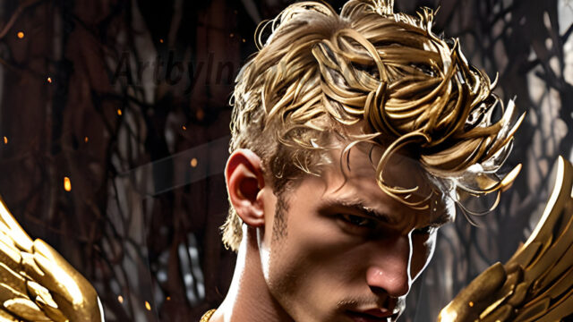 A photograph of a handsome golden male angel. With huge vibrate golden feathered wings, with golden radiant light rays, golden halo lighting, reflecting light in a mesmerizing way. He is stunningly handsome, beautiful, amidst a background of a chaos and destruction.