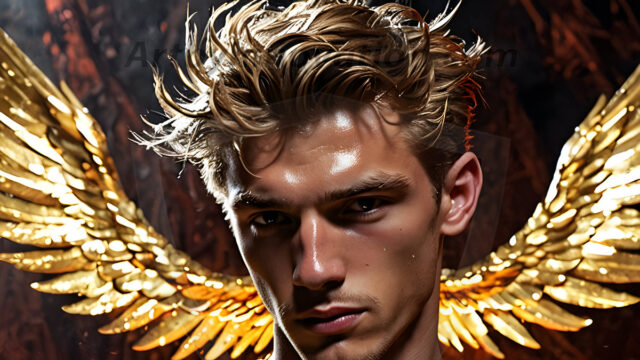 A photograph of a handsome golden male angel. With huge vibrate golden feathered wings, with golden radiant light rays, golden halo lighting, reflecting light in a mesmerizing way. He is stunningly handsome, beautiful, amidst a background of a chaos and destruction.