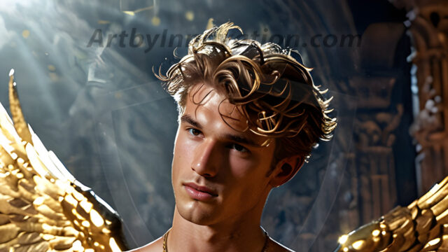 A photograph of a handsome golden male angel. With huge vibrate golden feathered wings, with golden radiant light rays, golden halo lighting, reflecting light in a mesmerizing way. He is stunningly handsome, beautiful, amidst a background of a chaos and destruction.