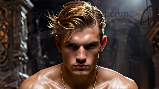 A photograph of a handsome golden male angel. With huge vibrate golden feathered wings, with golden radiant light rays, golden halo lighting, reflecting light in a mesmerizing way. He is stunningly handsome, beautiful, amidst a background of a chaos and destruction.