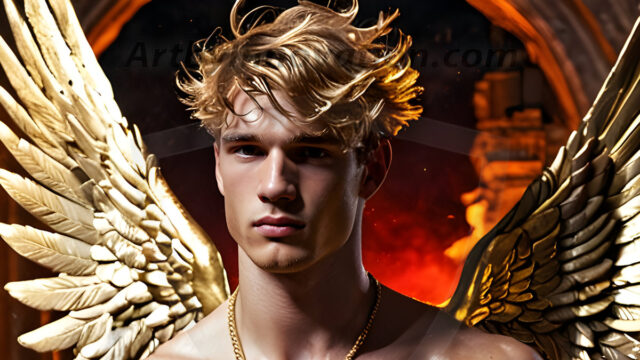 A photograph of a handsome golden male angel. With huge vibrate golden feathered wings, with golden radiant light rays, golden halo lighting, reflecting light in a mesmerizing way. He is stunningly handsome, beautiful, amidst a background of a chaos and destruction.