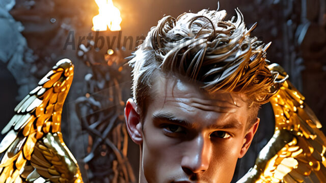 A photograph of a handsome golden male angel. With huge vibrate golden feathered wings, with golden radiant light rays, golden halo lighting, reflecting light in a mesmerizing way. He is stunningly handsome, beautiful, amidst a background of a chaos and destruction.