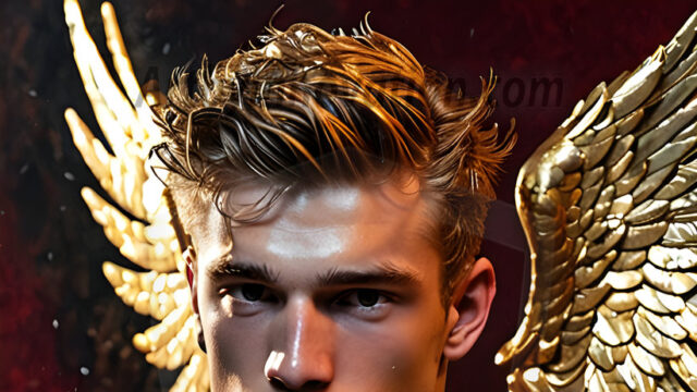 A photograph of a handsome golden male angel. With huge vibrate golden feathered wings, with golden radiant light rays, golden halo lighting, reflecting light in a mesmerizing way. He is stunningly handsome, beautiful, amidst a background of a chaos and destruction.