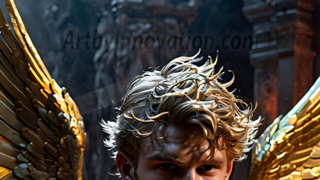 A photograph of a handsome golden male angel. With huge vibrate golden feathered wings, with golden radiant light rays, golden halo lighting, reflecting light in a mesmerizing way. He is stunningly handsome, beautiful, amidst a background of a chaos and destruction.